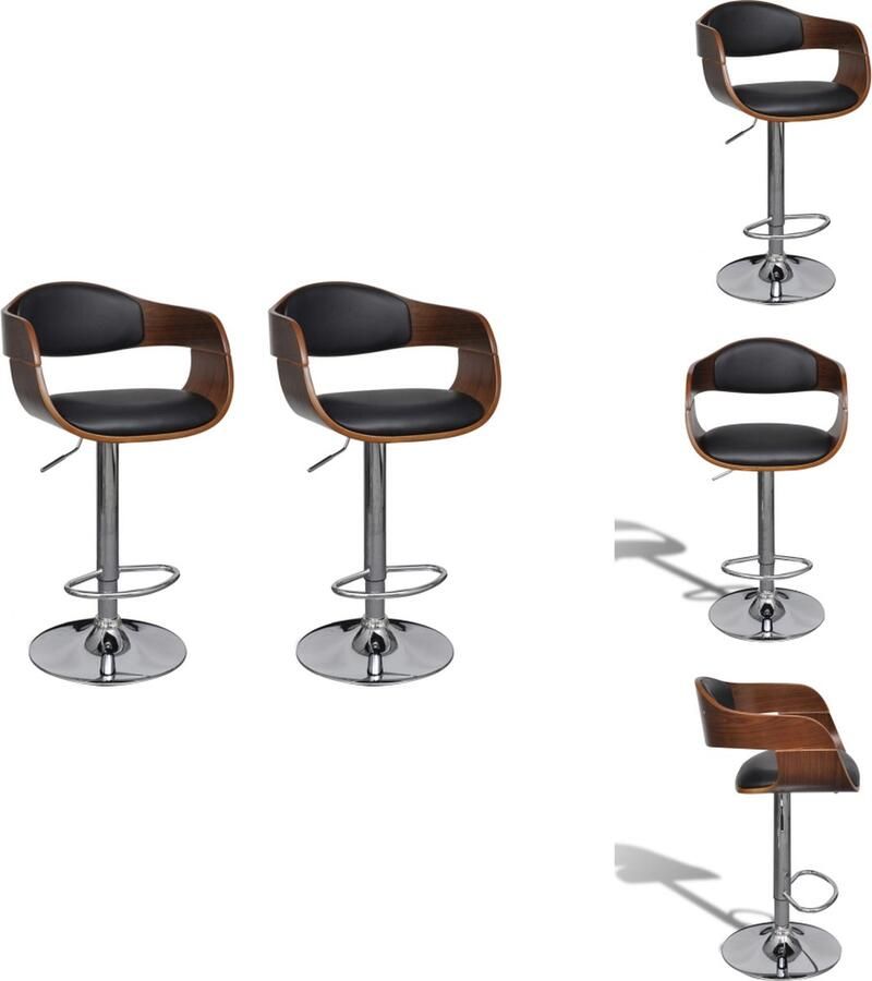 VidaXL Barkrukken Zwart en Bruin Gebogen Hout en Verchroomd IJzer 49 x 49 x (87-109) cm In Hoogte Verstelbaar Barkruk