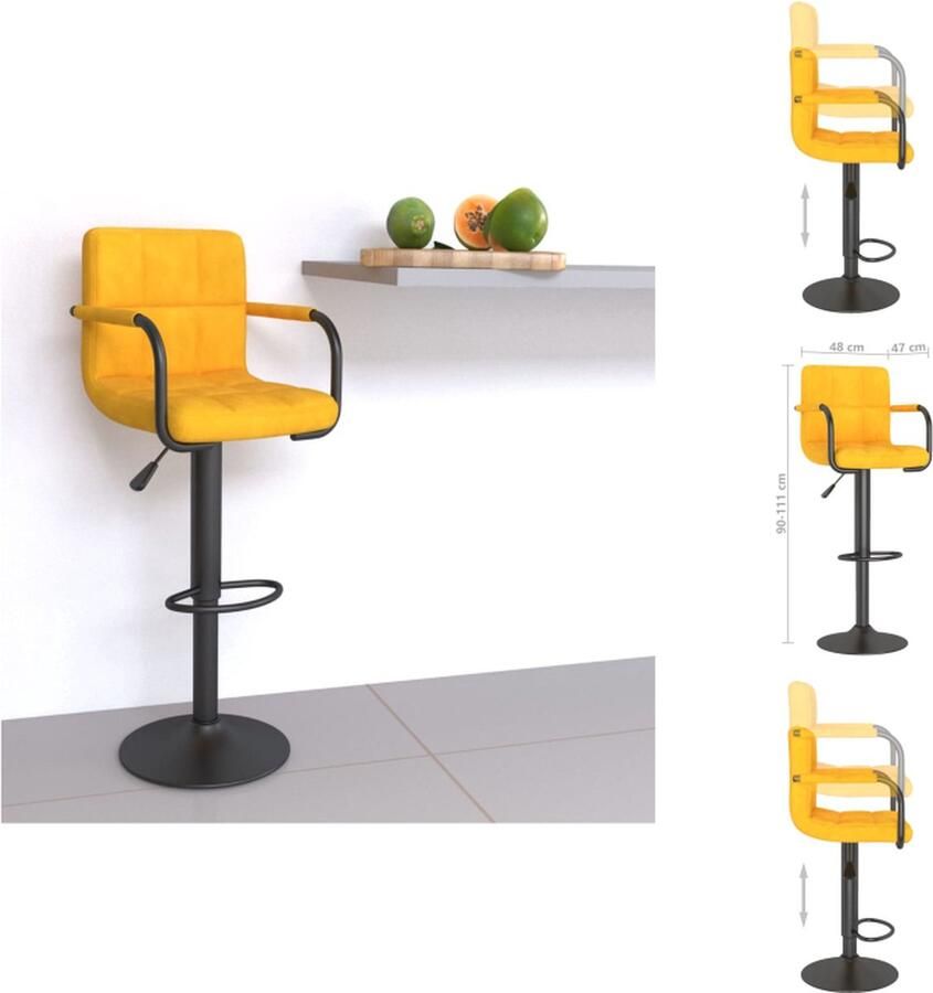 VidaXL Barkruk Fluweel Mosterdgeel Gepoedercoat Staal Verstelbaar 48 x 47 x (90-111) cm Barkruk