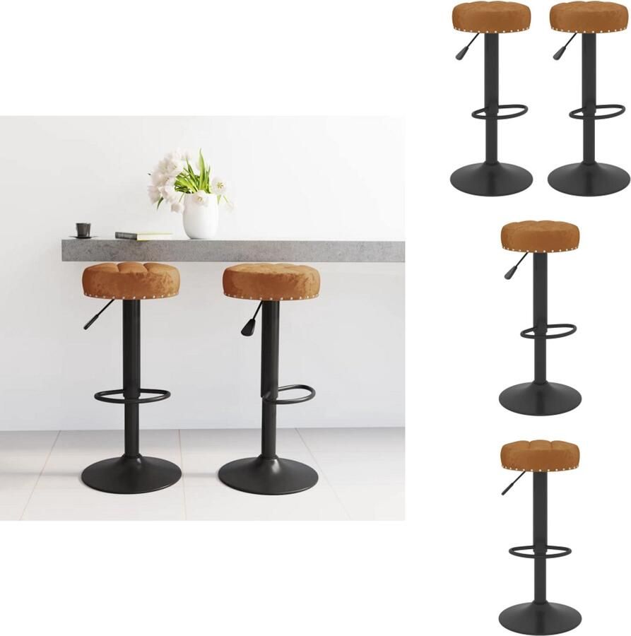 VidaXL Barkrukken Fluweel Bruin 46 x 44 x (82 103) cm Gasveer 360 graden draaibaar Voetensteun Montage vereist Set van 2 Barkruk - Foto 2