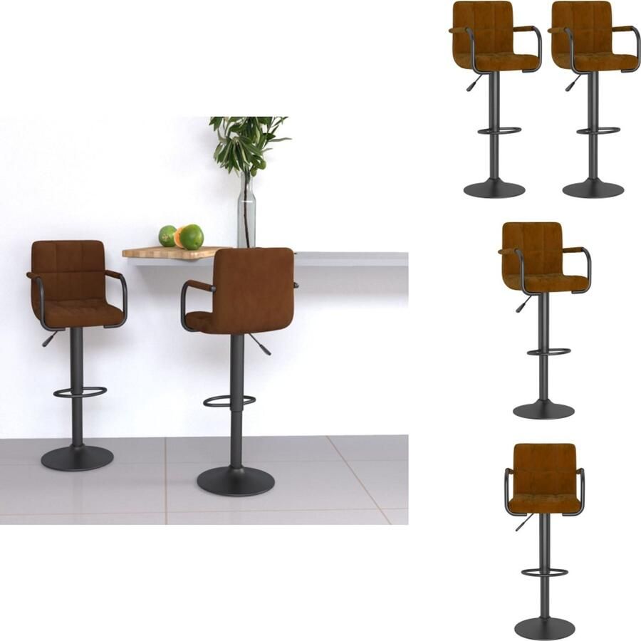 VidaXL Barkrukken Fluweel Bruin 46 x 44 x (82 103) cm Gasveer 360 graden draaibaar Voetensteun Montage vereist Set van 2 Barkruk