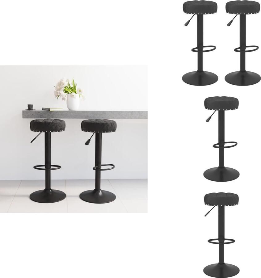 VidaXL Barkrukken Fluweel Zwart 38.5 x 38.5 x (63-83) cm Draaibaar Gasveermechanisme Met voetensteun Set van 2 Barkruk