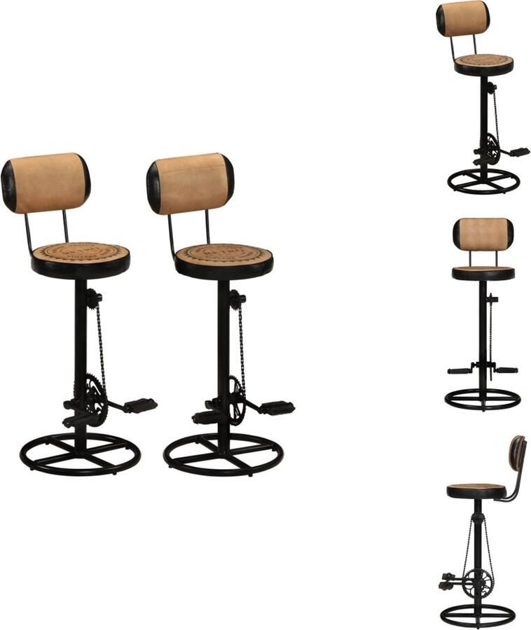 VidaXL Barkruk Barkrukken Barstoel Keuken Barkruk Barkrukken met canvasafdruk 2 st echt geitenleer bruin en zwart