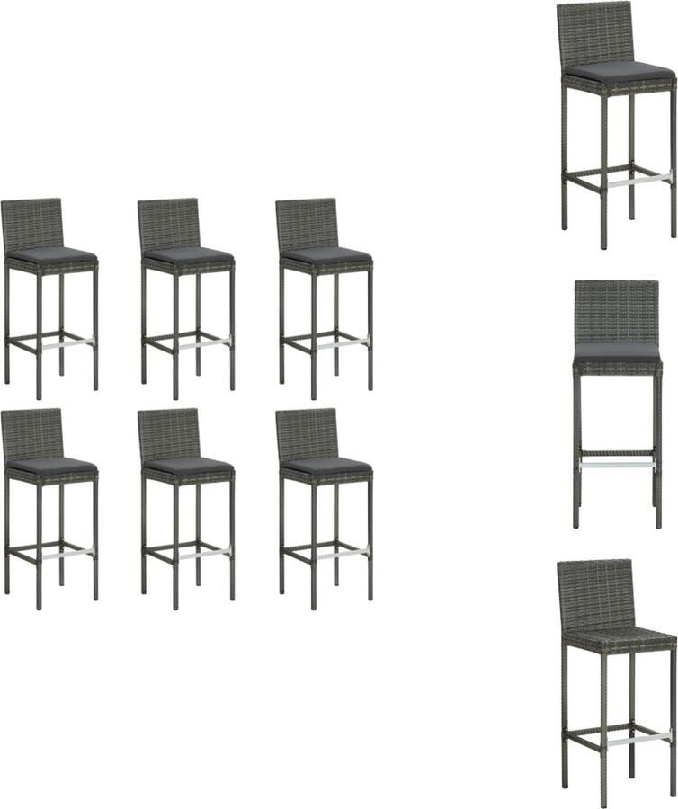 VidaXL Barkrukken uze Trendy Design Set 40x44x108 cm Weerbestendig PE Rattan Stevig Frame Comfortabel met Dik Gevoerd Kussen Eenvoudig te Verplaatsen Grijs Donkergrijs 6 x Barkruk 6 x Zitkussen Barkruk