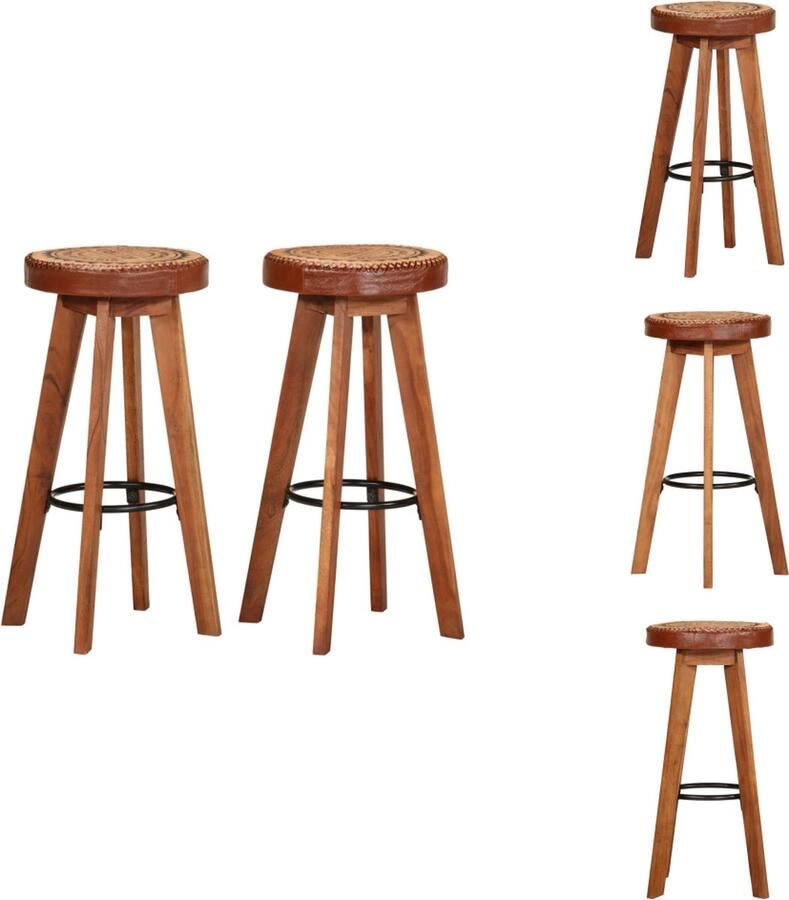 VidaXL Barkrukken Acaciahout Echt leer en canvas Honingbruin en zwart 45 x 45 x 76 cm 110 kg Set van 2 Barkruk - Foto 3