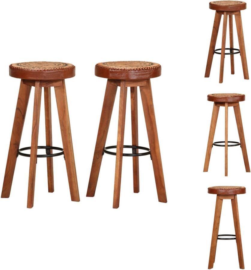 VidaXL Barkrukken Acaciahout Echt leer en canvas Honingbruin en zwart 45 x 45 x 76 cm 110 kg Set van 2 Barkruk - Foto 2