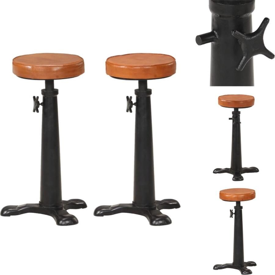 The Living Store Barkrukken Gietijzer Verstelbaar Echt Geitenleer Bruin 36x36x(56-84)cm 2x Barstoel Barkruk Bruine Barkruk Lederen Barkruk Barkrukken Set