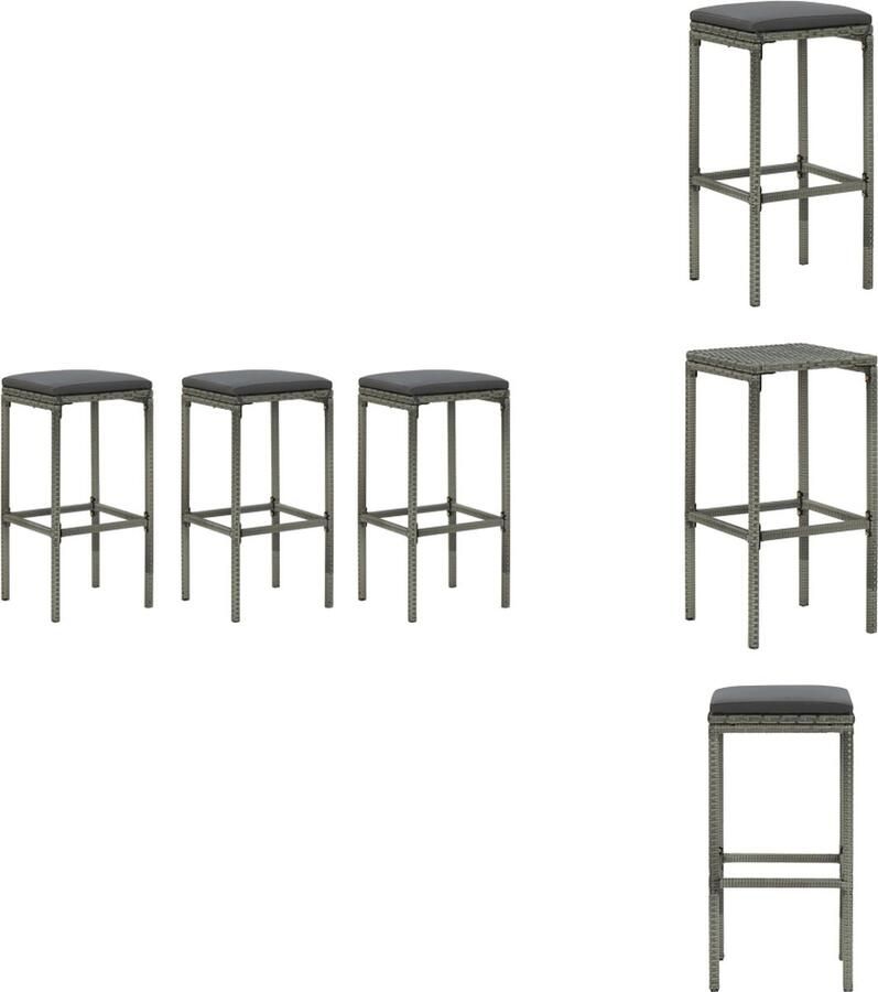 VidaXL Barkrukken Set van 3 Grijs Met Zitkussen 38x38x76cm PE-rattan en staal Barkruk