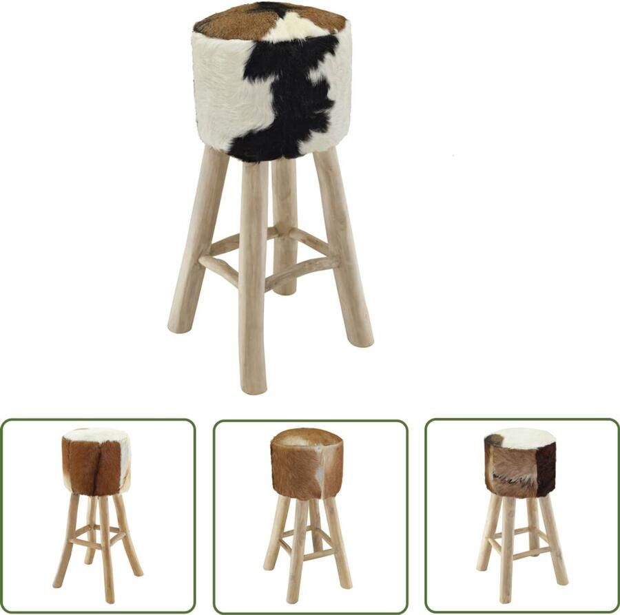 The Living Store Barkruk Geitenleer Teakhouten Frame Rustieke Uitstraling 35 x 35 x 76cm Koeienleer Patroon Barstoel Barkruk Teak Meubilair Lederen Stoel Vintage Stoel - Foto 2