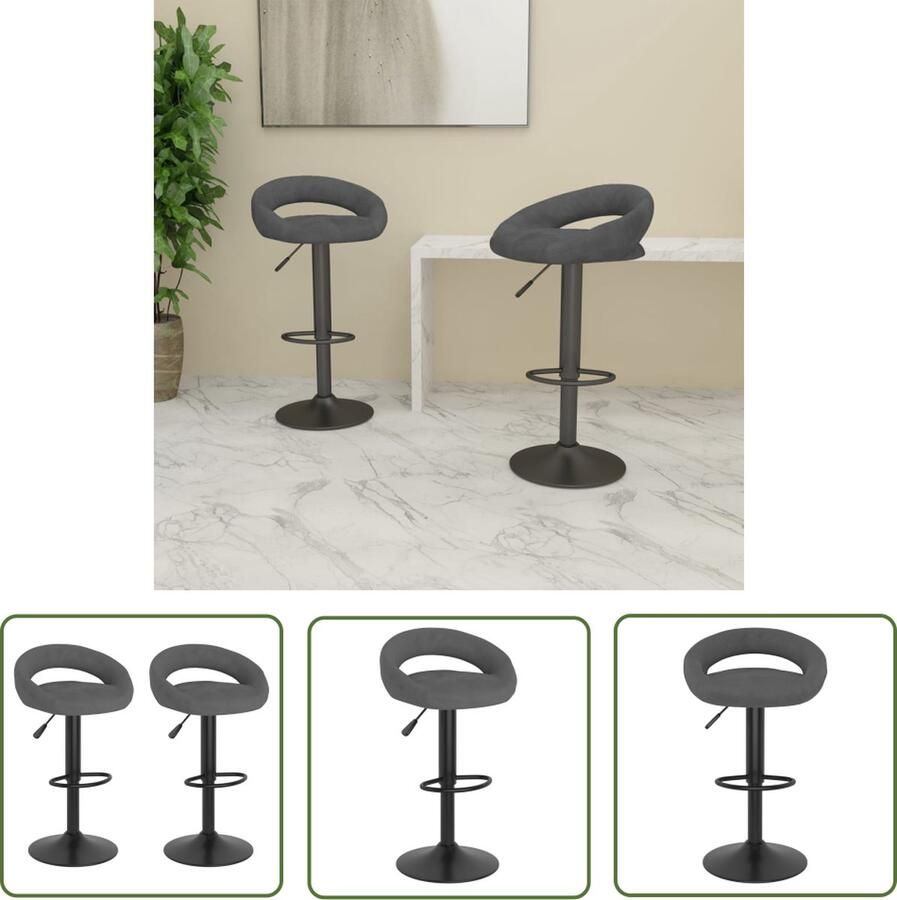 The Living Store Barkruk Donkergrijs Fluweel 45 x 43 x (75-97) cm 360 graden draaibaar Barstoel Barkruk Lounge Chair Eetkamerstoel Velvet Bank