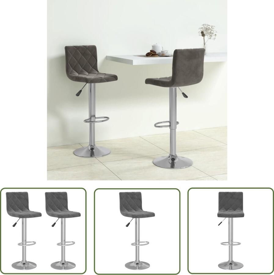 The Living Store Barkrukken Donkergrijs fluweel Verchroomd staal 40 x 43 x (90 111) cm 360 graden draaibaar Gasveermechanisme Inclusief 2 stuks Barstoel Barkruk Stoel Lounge Stoel Eetkamerstoel - Foto 5