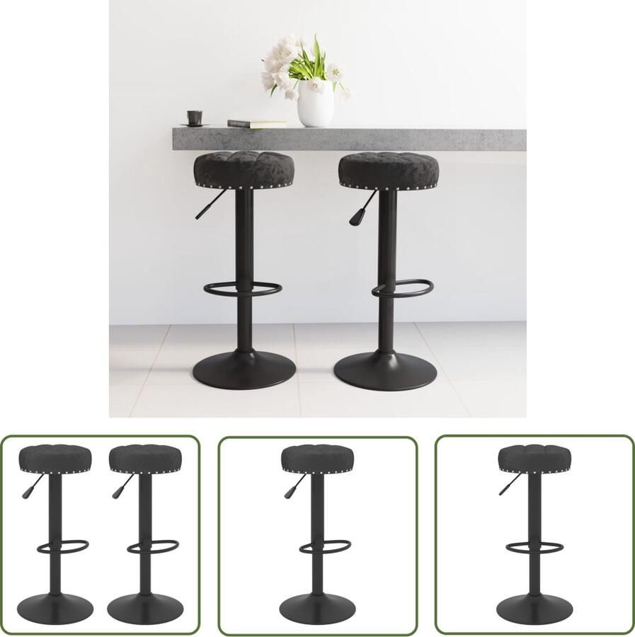 The Living Store Barkrukken Fluweel Zwart 38.5 x 38.5 x (63-83) cm Draaibaar Gasveermechanisme Met voetensteun Set van 2 Barstoel Barkruk Stoel Lounge Stoel Eetkamerstoel - Foto 4