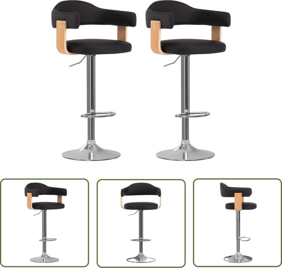 The Living Store Barkrukken Barstoelen Zwart en Bruin 56.5 x 57.5 x (89 111) cm Gebogen Walnotenhout Verchroomd IJzer Kunstleer Barstoel Barkruk Stoel Keukenstoel Eetkamerstoel