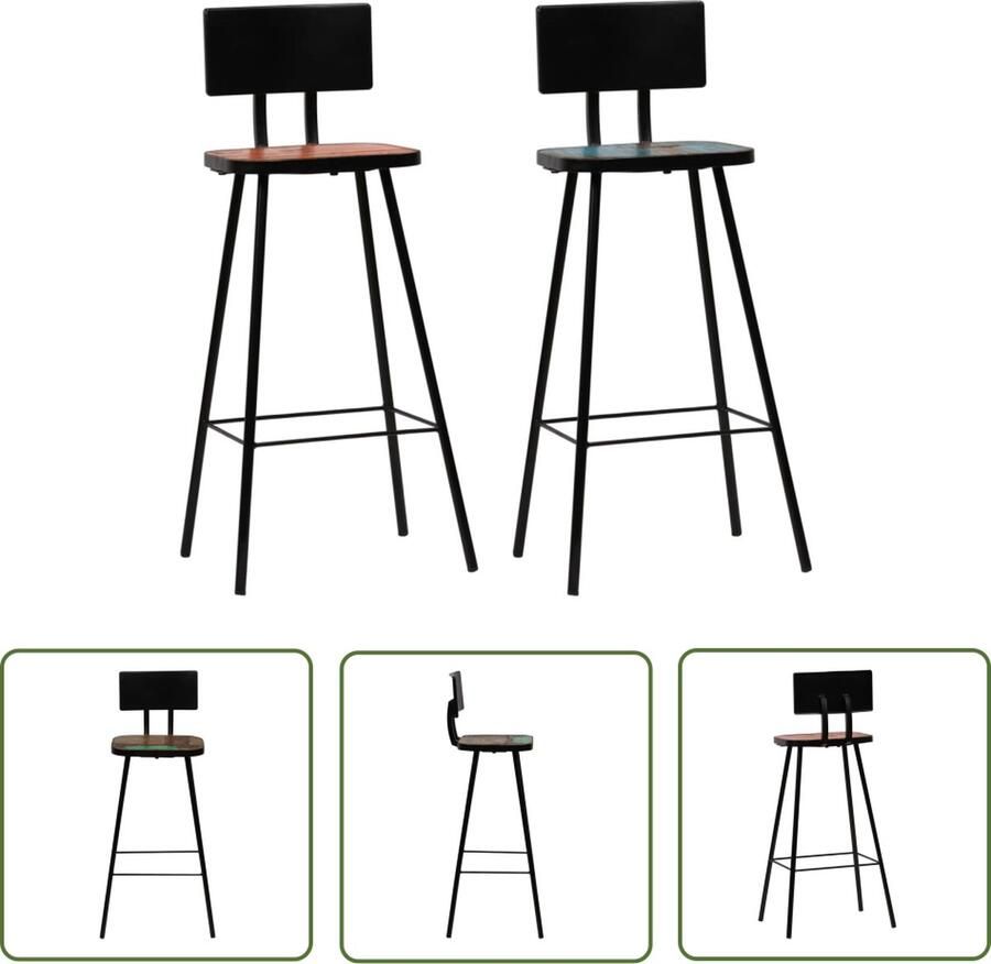 The Living Store Houten Barstoelen Antieke stijl Set van 4 Gerecycled hout Stalen frame Houten Barstoelen Vintage Barstoelen Antiek Meubilair Bruine Barstoelen Industriele Barstoelen - Foto 3