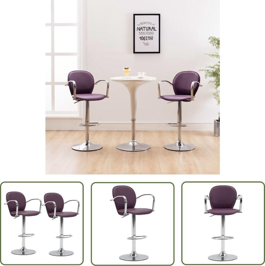 The Living Store Barkruk met Armleuning Paars Kunstleer Verchroomd Staal 49x53x(87.5-108.5)cm Set van 2 Barstoel Barkruk Eetkamerstoelen Keukenstoelen Lounge Stoel - Foto 2