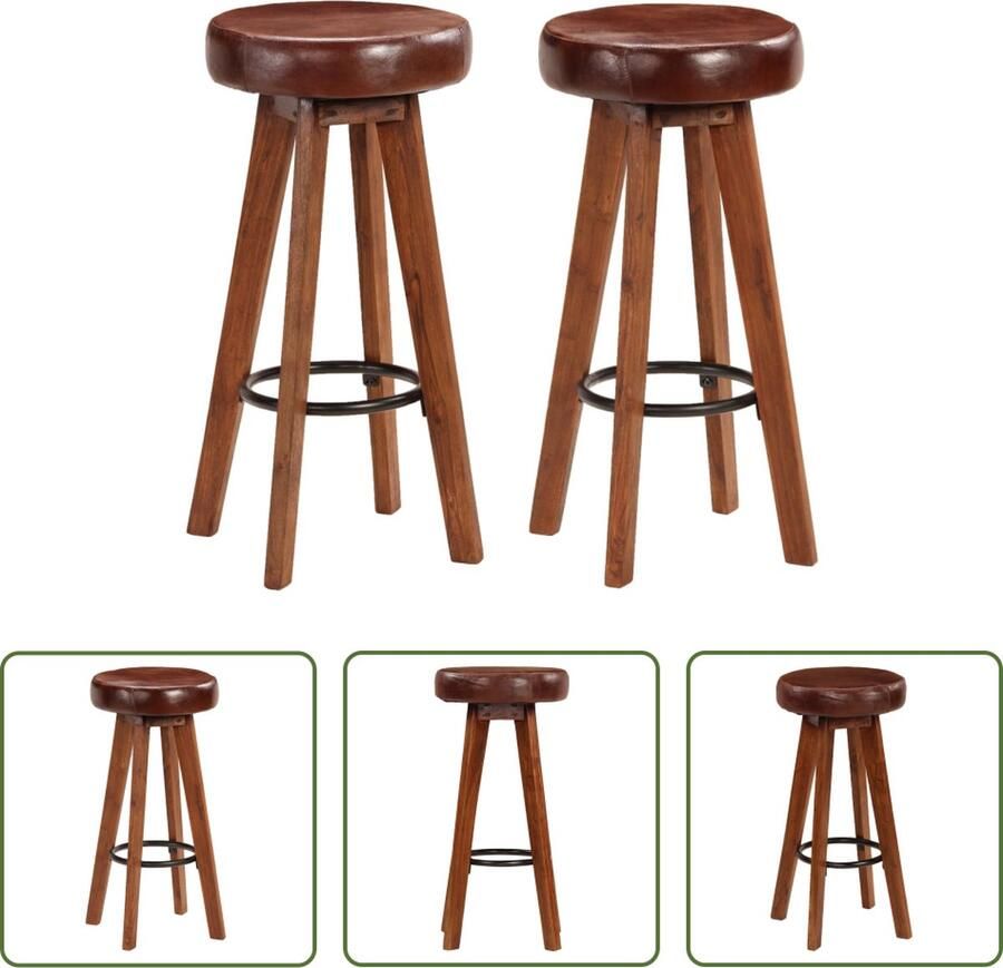 The Living Store Barkrukken Massief Acaciahout Leren bekleding Set van 2 45 x 45 x 76 cm Barstoel Barkruk Eetkamerstoel Acacia Houten Stoel Lederen Stoel - Foto 2