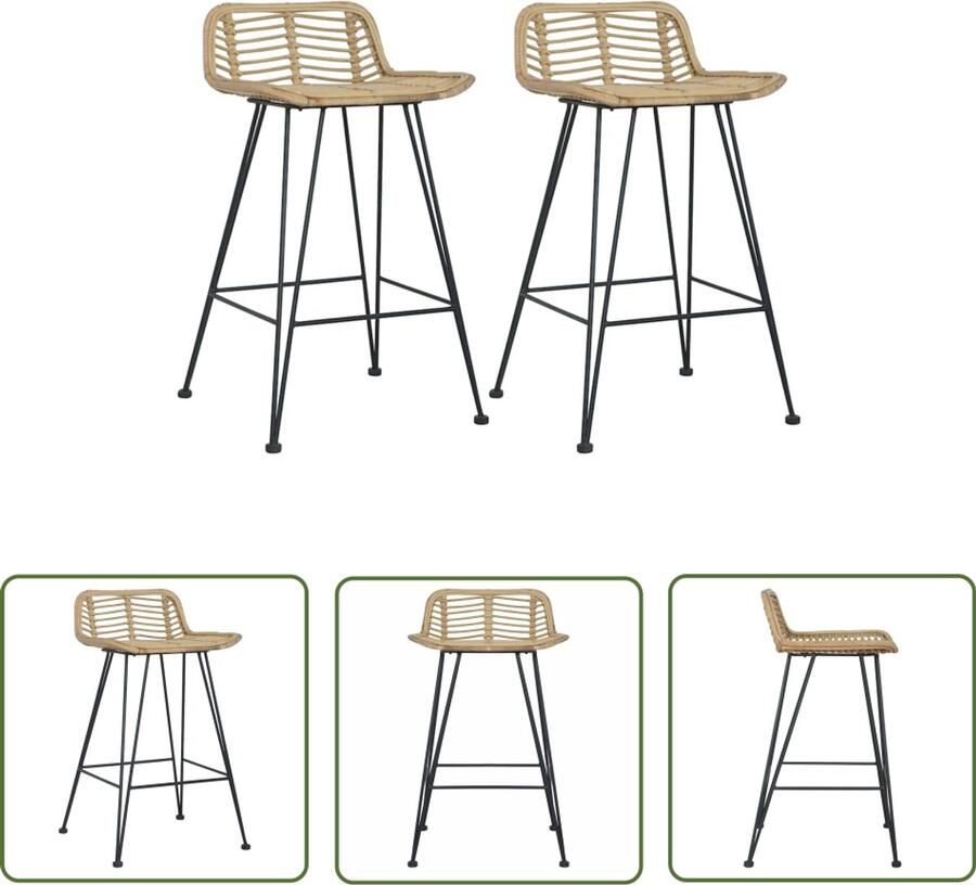 The Living Store Barstoelen Rattan 46 x 48 x 79 cm Comfortabele zitting Sterke metalen poten Rustieke stijl Naturel kleur Set van 2 Barstooi Barkruk Rattan Stoel Houten Stoel Eetkamerstoel - Foto 2