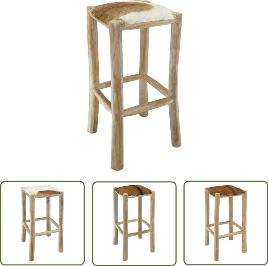 The Living Store Barkruk Echt geitenleer Teakhouten frame 35 x 35 x 76 cm koeienleer patroon Barstooll Barkruk TeaKhout Meubilair Lederen Stoel Vintage Stijl - Foto 2