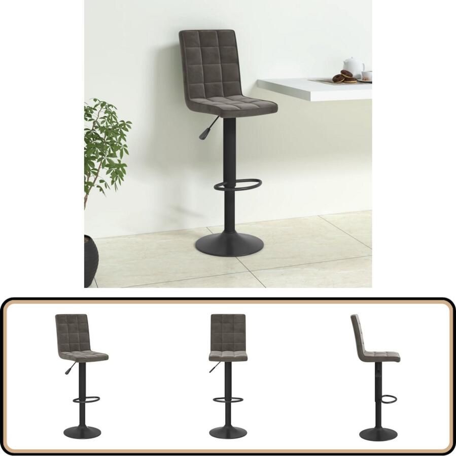 VidaXL Barkruk Donkergrijs Fluweel Staal Barstoel Velvet Stoel Donkere Grijze Barkruk Draaibare Barkruk Ingestelde Barkruk