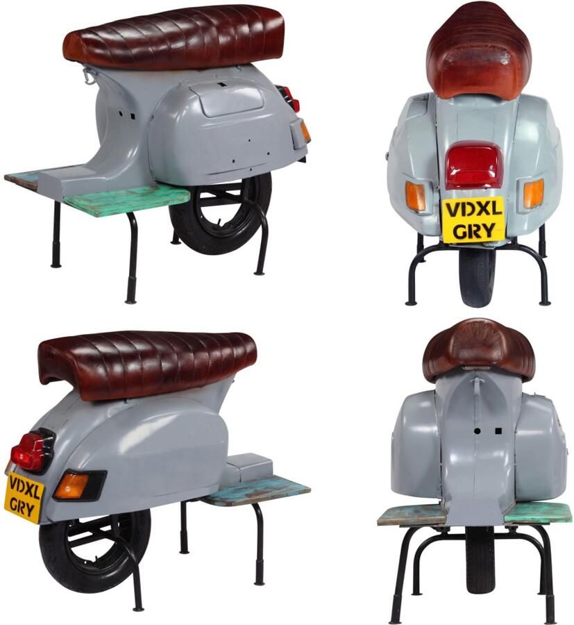 VidaXL Barkruk scooter echt leer en massief gerecycled hout grijs Barstoel Barkruk Barkrukken