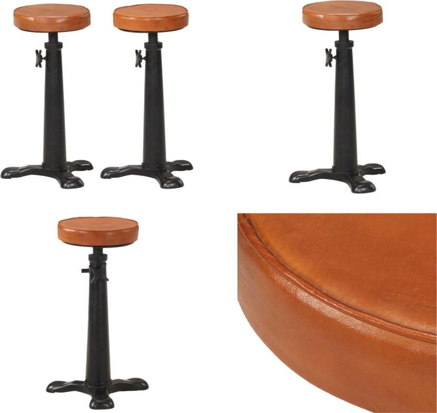 VidaXL Barkrukken 2 st echt leer en gietijzer bruin Barkruk Barkrukken Kruk Krukken