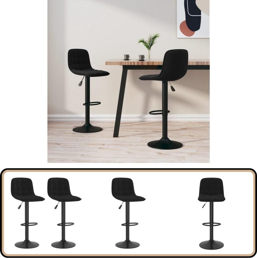 VidaXL Barkrukken 2 st fluweel zwart stijlvol comfort Barstooi Barkruk Zwarte Stoel Velvet Stoel Verstelbare Barkruk Roestvaststalen Barkruk Eetkamerstoel