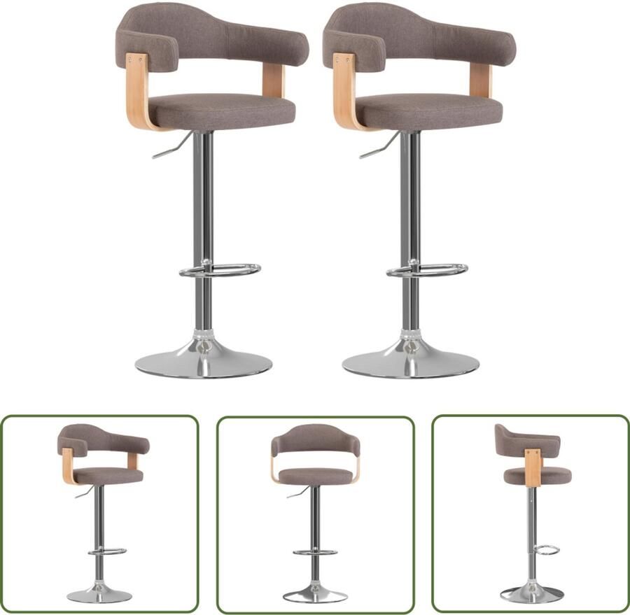 VidaXL Barkrukken 2 st Gebogen Hout & Stof Taupe Barstoel Barkruk Eetkamerstoel Stoel Lounge Stoel Bruine Stoel Taupe Stoel Moderne Stoel Industriële Stoel Hoge Stoel