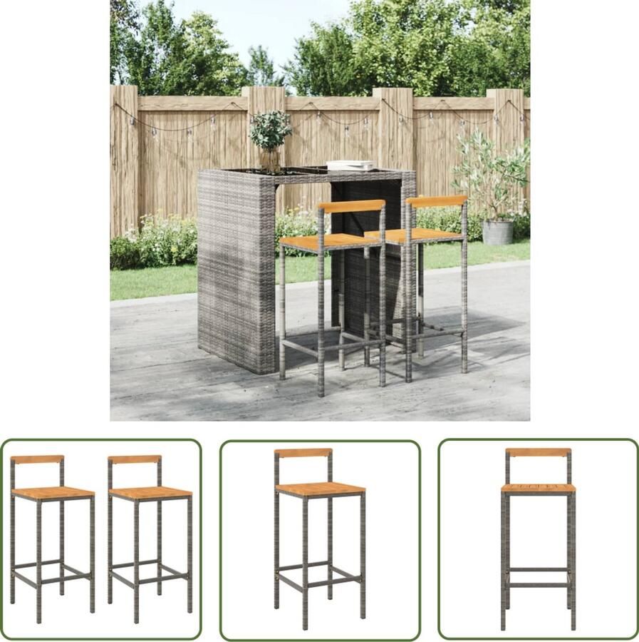 VidaXL Barkrukken 2 st Grijs Poly Rattan & Hout Barstoelen Barkrukken Eetkamerstoelen Outdoor Meubilair Tuinset Terrasmeubels Poly Rattan Kunststof Stoel