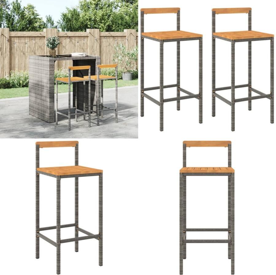 VidaXL Barkrukken 2 st poly rattan en massief acaciahout grijs Barkruk Barkrukken Barstoel Keukenstoel