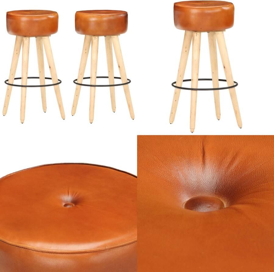 VidaXL Barkrukken 2 st ruw mangohout echt leer bruin Barkruk Barkrukken Kruk Krukken