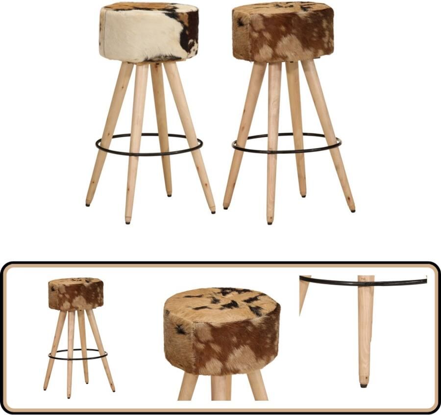 VidaXL Barkrukken 2 stuks Mangohout en Leer Barstoel Barkrukken Eetkamerstoel Keukenstoel Lederen Barkruk