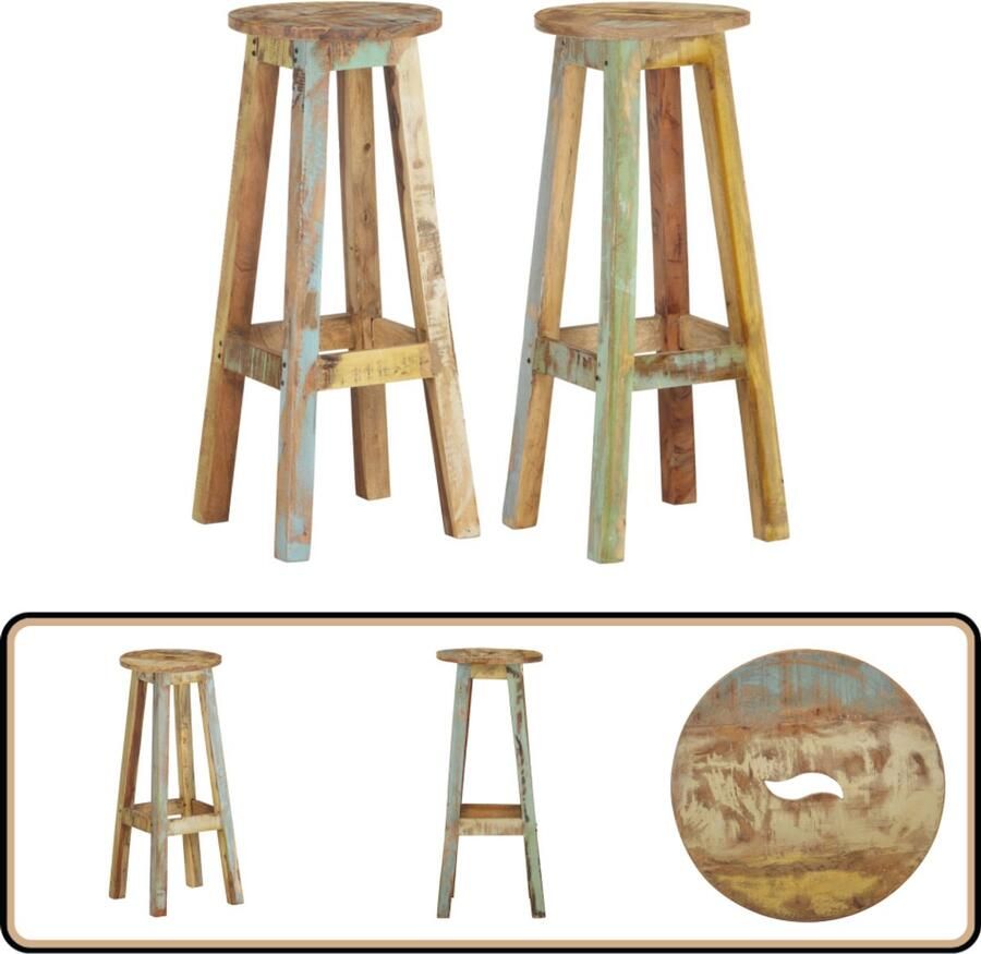 VidaXL Barkrukken 2 stuks Massief gerecycled hout Barstoelen Barkrukken Vintage Stoelen Industriële Meubels Hergebruikt Hout