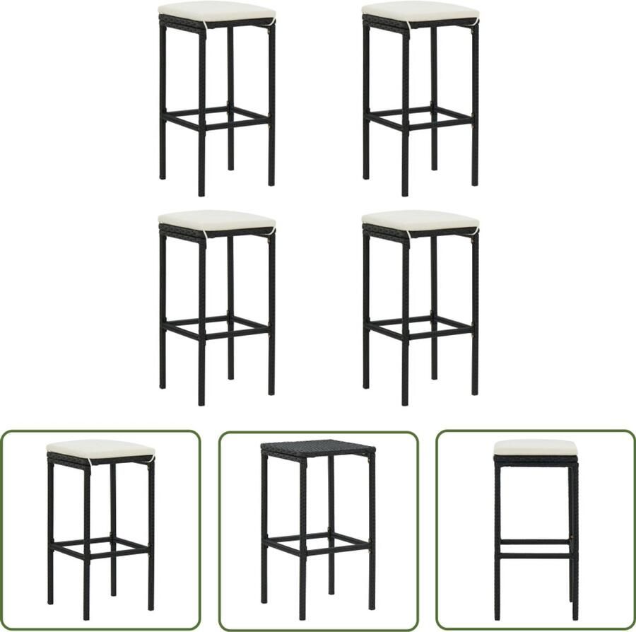 VidaXL Barkrukken 4 st met kussens Poly Rattan Barstoelen Barkrukken Outdoor Meubilair Tuinset Bistro Stoelen Terrassenbank Lounge Bank