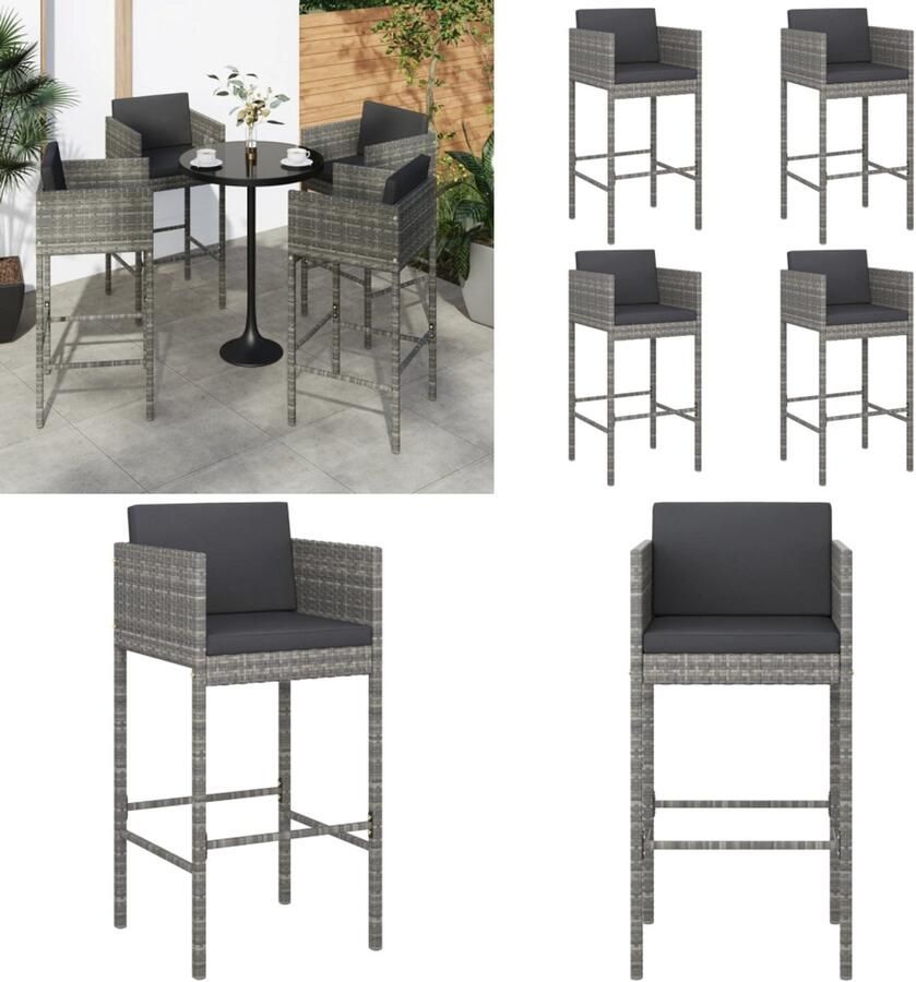 VidaXL Barkrukken 4 st met kussens poly rattan grijs Barkruk Barkrukken Stoel Barstoel