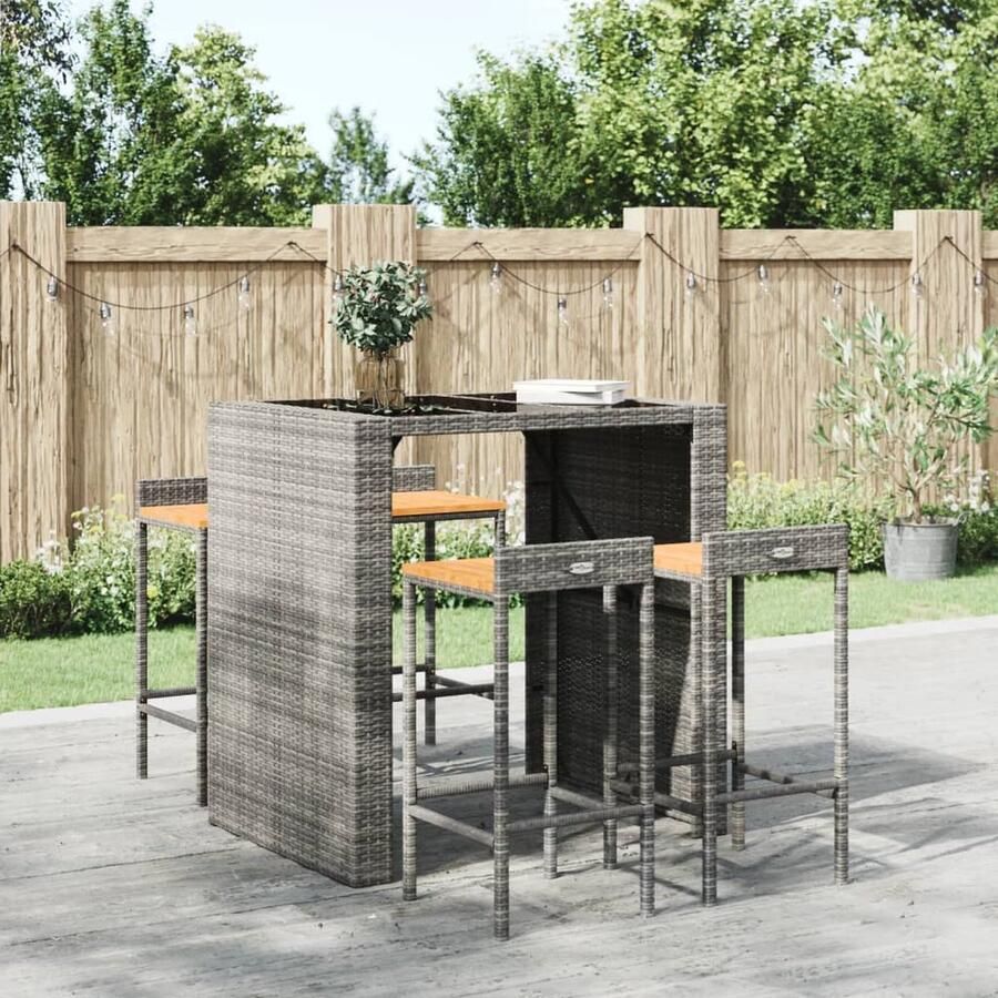 VidaXL Barkrukken 4 st Rattan & Acaciahout Grijs Barstoelen Barkrukken Eetkamerstoelen Outdoor Meubilair Tuinmeubelen Grijze Stoelen Kunststof Stoelen Ratan Stoelen - Foto 2