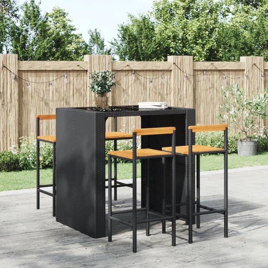 VidaXL Barkrukken 4 st Zwart Poly Rattan & Hout Barstoelen Zwarte Barkrukken PE-rattan Stoelen Outdoor Barkrukken Eetkamerstoelen Bistro Stoelen Tuinmeubels - Foto 2