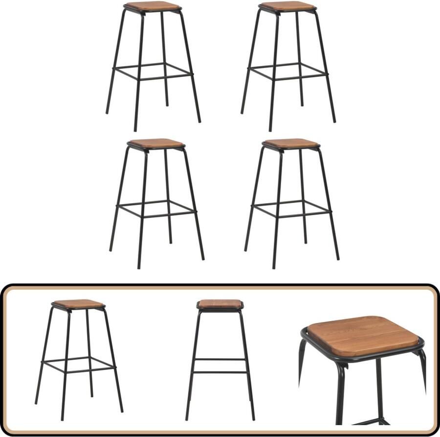 VidaXL Barkrukken 4 stuks Grenenhout en Staal Zwart Barstühlen Houten Stoel Zwarte Stoel Industriële Stoel Eetkamerstoelen