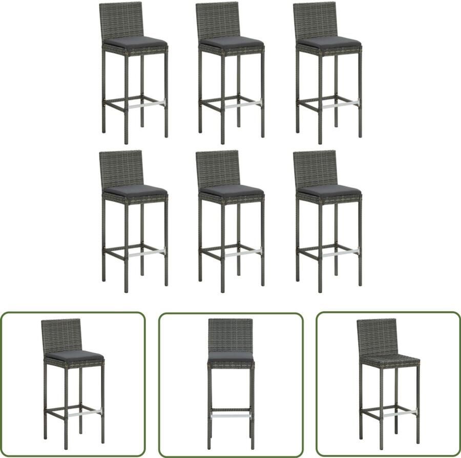 VidaXL Barkrukken 6 st met kussens Grijs Barstoelen Barkrukken Tuinmeubilair Outdoor Meubels Eetkamer Stoelen Lounge Stoelen Terras Meubilering Kunststof Stoelen Ratan Stoelen