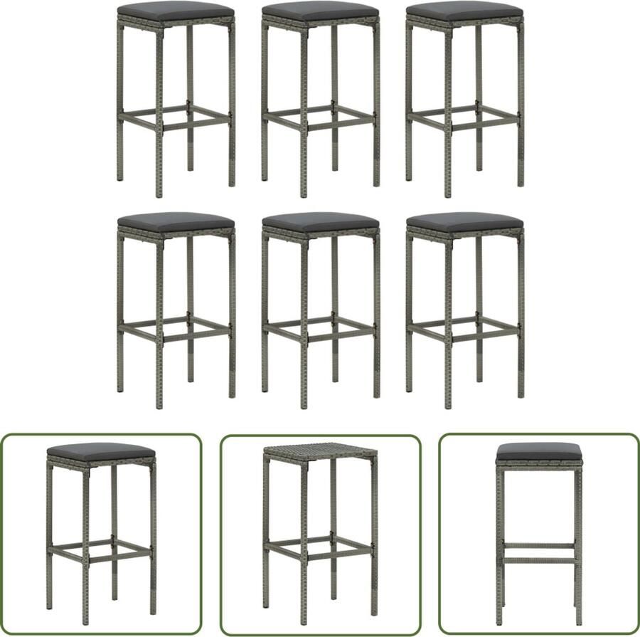 VidaXL Barkrukken 6 st met kussens poly rattan grijs Barstoelen Barkrukken Bistro Stoelen Eetkamerstoelen Outdoor Meubels Tuinset Terrasmeubilair Lounge Meubel
