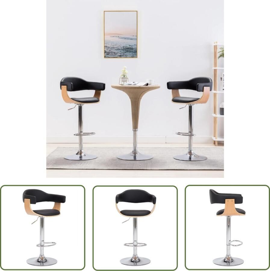 The Living Store Barkrukken Houten frame Hoogte verstelbaar Kunstleer Zwart Lichtbruin Set van 2 Barstoelen Barkrukken Zwarte Stoelen Bruine Stoelen Kunstleder Meubels - Foto 2