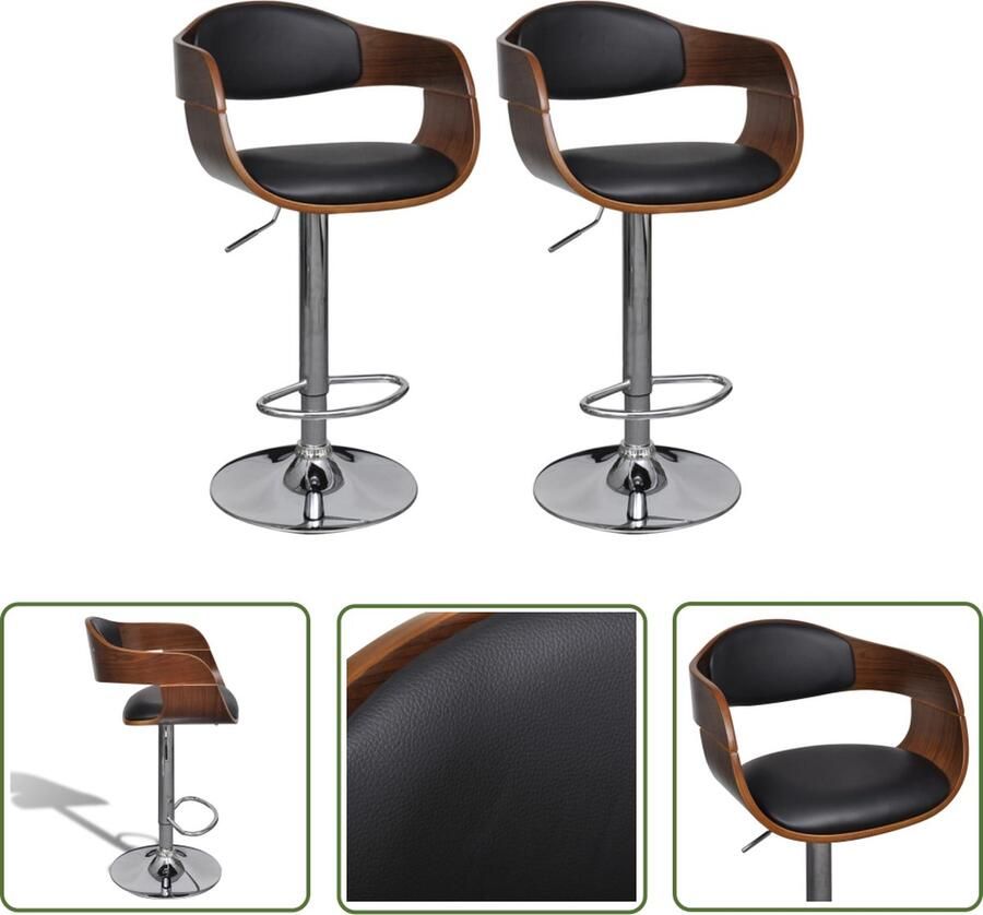 The Living Store Barkrukken Gebogen houten frame Hoogwaardige stof Verstelbaar Set van 2 Barstoelen Barkrukken Zwarte Stoelen Eetkamerstoel Hoge Stoel - Foto 2
