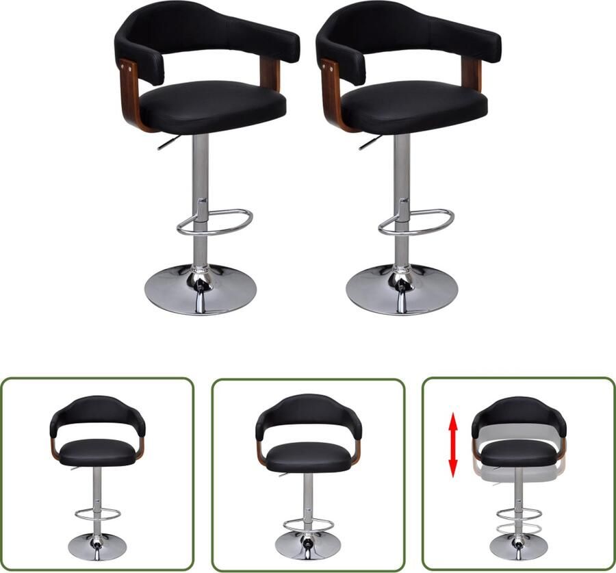 The Living Store Barkrukken Set van 2 Walnotenhout en verchroomd ijzer 56.5 x 57.5 x (89 111) cm Zwart en bruin 110 kg Barstoelen Barkrukken Houten Stoelen Zwarte Stoelen Bruine Stoelen - Foto 2