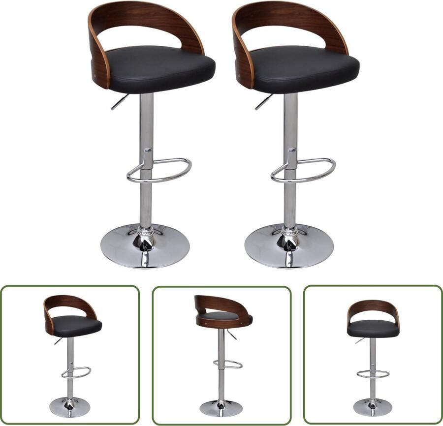 The Living Store Barkrukken Set van 2 Gebogen houten frame Kunstleren bekleding Verstelbaar Zwart en bruin 46.5 x 45.5 x (79-101) cm Barstoelen Barkrukken Zwarte Stoelen Bruine Stoelen Hoge Stoelen - Foto 2