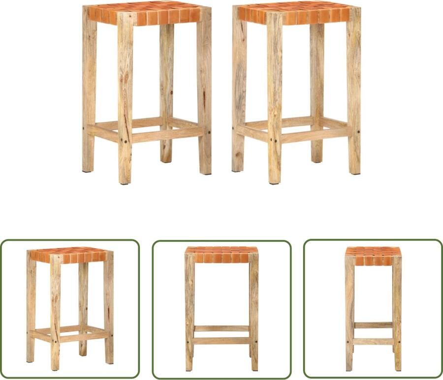 The Living Store Barkrukken Bruin 46 x 36 x 75 cm Echt leer en massief mangohout Barstooi Barkrukken Lederen Barkrukken Bruine Barkrukken Mangohouten Barkrukken - Foto 2