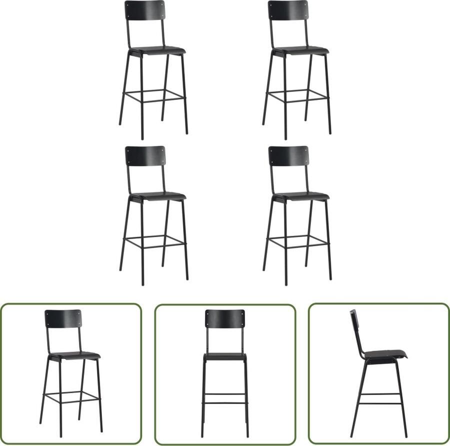 The Living Store Barstoelenset Zwarte Gepoedercoat Staal en Massief Multiplex 41.5 x 59 x 116.5 cm (B x D x H) Stapelbaar Barstooi Barkrukken Zwarte Barstoelen Houten Barstoelen Stapelbare Barstoelen - Foto 2