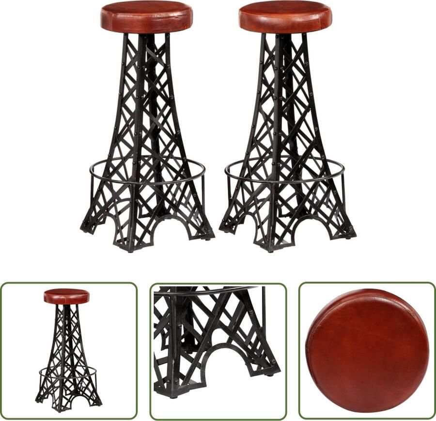 The Living Store Barkrukken Echt leer Eiffeltoren design set van 2 Bruin Zwart 40x40x76 cm Barstühlen Barkrukken Echte Leer Meubels Industrieel Design Eiffeltorentaburen - Foto 3