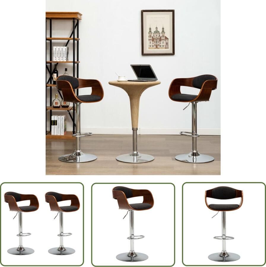 The Living Store Barstoelen Set van 2 Grijs en Bruin Gebogen hout en verchroomd metaal 49.5x50.5x87-108cm Barstühlen Barkrukken Meubels Woonkamer Eetkamer - Foto 2