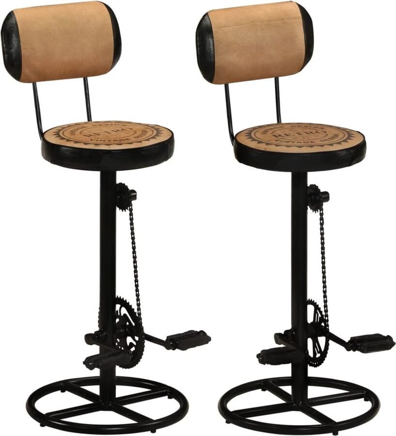VidaXL Barkrukken Canvas & Geitenleer Set van 2 Barkrukken Industrieel Meubilair Lederen Barkrukken Bruine Barkrukken Zwarte Barkrukken Eetkamerstoelen Keukenkrukken Bistro Stoelen - Foto 2
