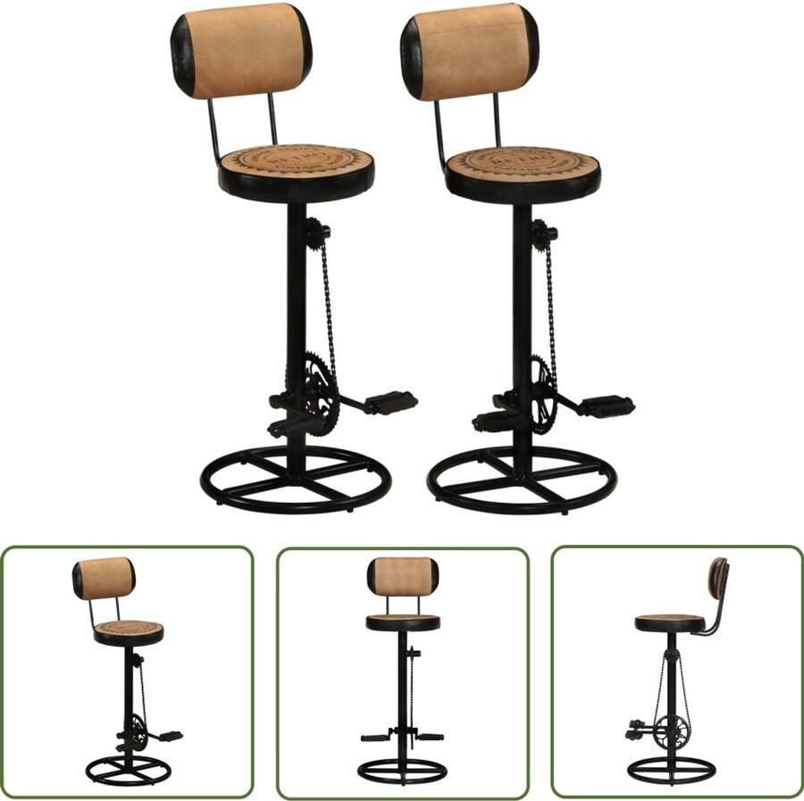 VidaXL Barkrukken Canvas & Geitenleer Set van 2 Barkrukken Industrieel Meubilair Lederen Barkrukken Bruine Barkrukken Zwarte Barkrukken Eetkamerstoelen Keukenkrukken Bistro Stoelen