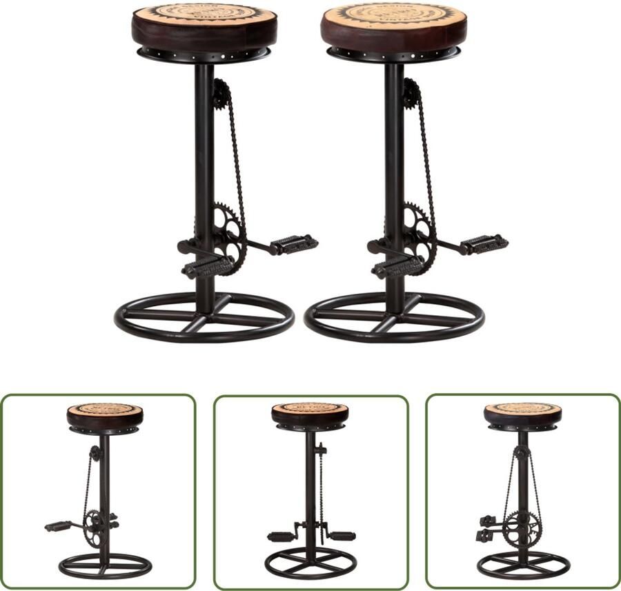 VidaXL Barkrukken Canvas Print Echt leer 2 stuks Barstühlen Industrieel Meubilair Lederen Barkrukken Vintage Barkrukken Keukenstoelen Eetkamerstoelen Fietspedaal Barkrukken