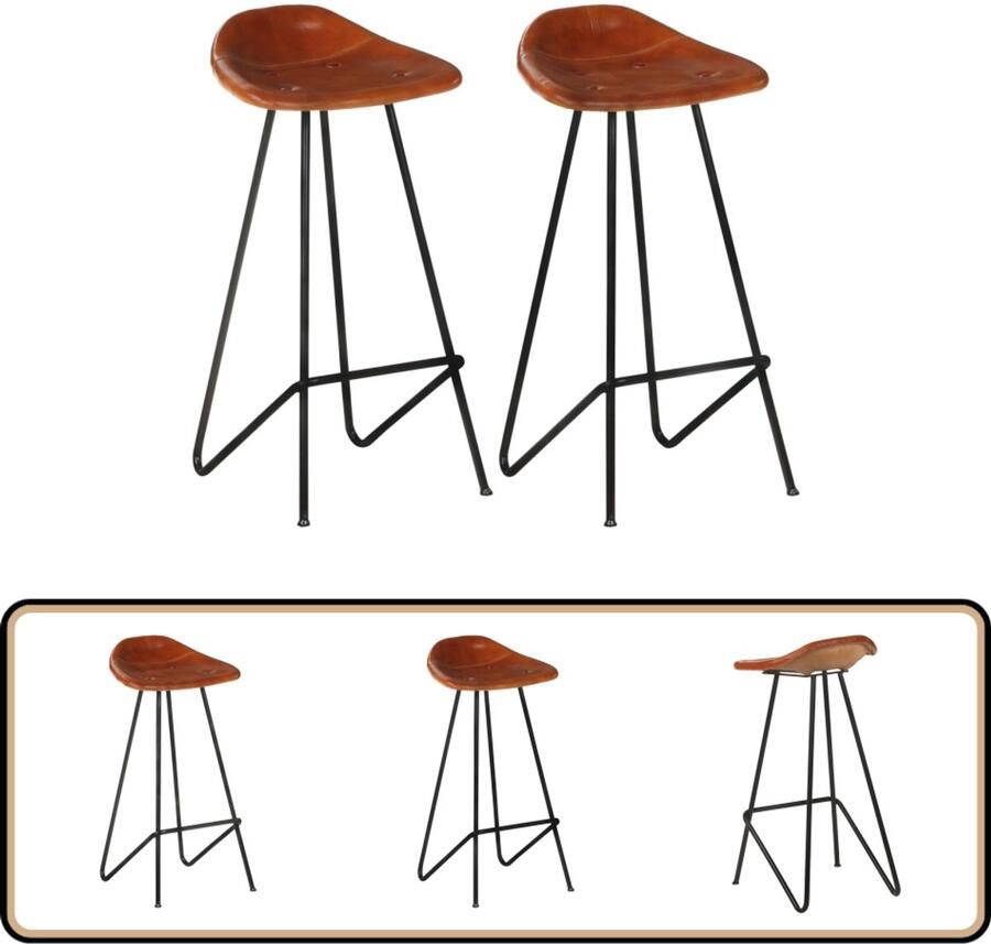 VidaXL Barkrukken Echt Leer 2 Stuks Bruin Lederen Barkrukken Industrieel Bruine Barkrukken Krukken Voor Keuken Stoere Barkrukken